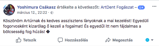 Artdent budapesti fogászati és szájsebészet egyik facebook értékelése a bölcsesséfog eltávolítás kezelésről.